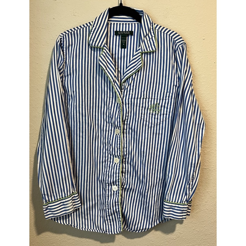 LRL Pajama Top Women M Blue White Striped Cotton Button Down Embroidered Pocket